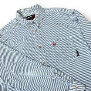 Ariat Flame Resistant Shirt Men Large Blue Railroad Stripe Button Up Workwear